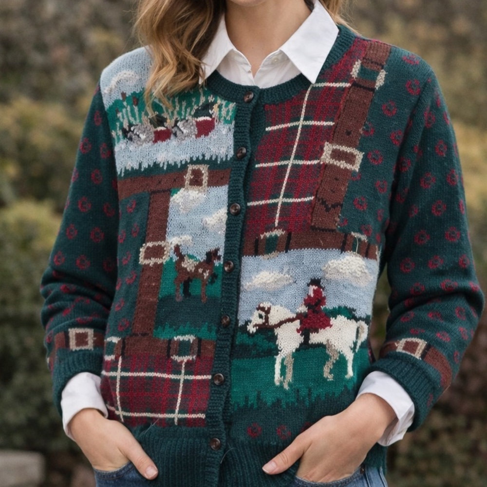 Vintage equestrian Cardigan Hand Knit sweater by Notthern Isles Cotton Ramie